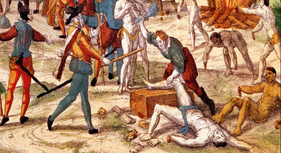 Conquistadores mutilando a indígenas