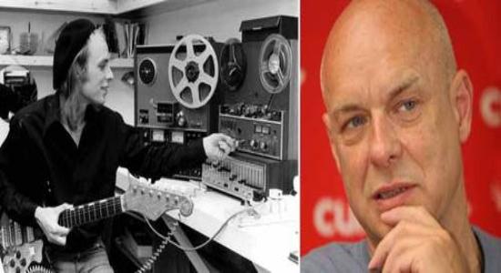 A la izquierda, el creador y productor de bandas de la talla deU2, en una imagen de archivo de una sesión en su estudio, y el británico en una conferencia de prensa en la Ciudad de México en 2010. Foto de la redes sociales de Eno y María Meléndrez Parada